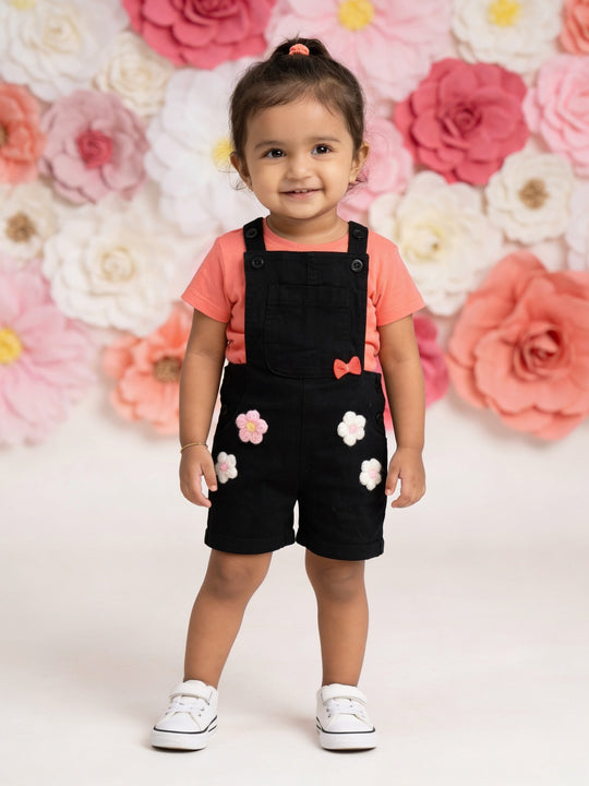Kiddopanti Girls Denim Woven Applique With Printed Dungaree Shorts