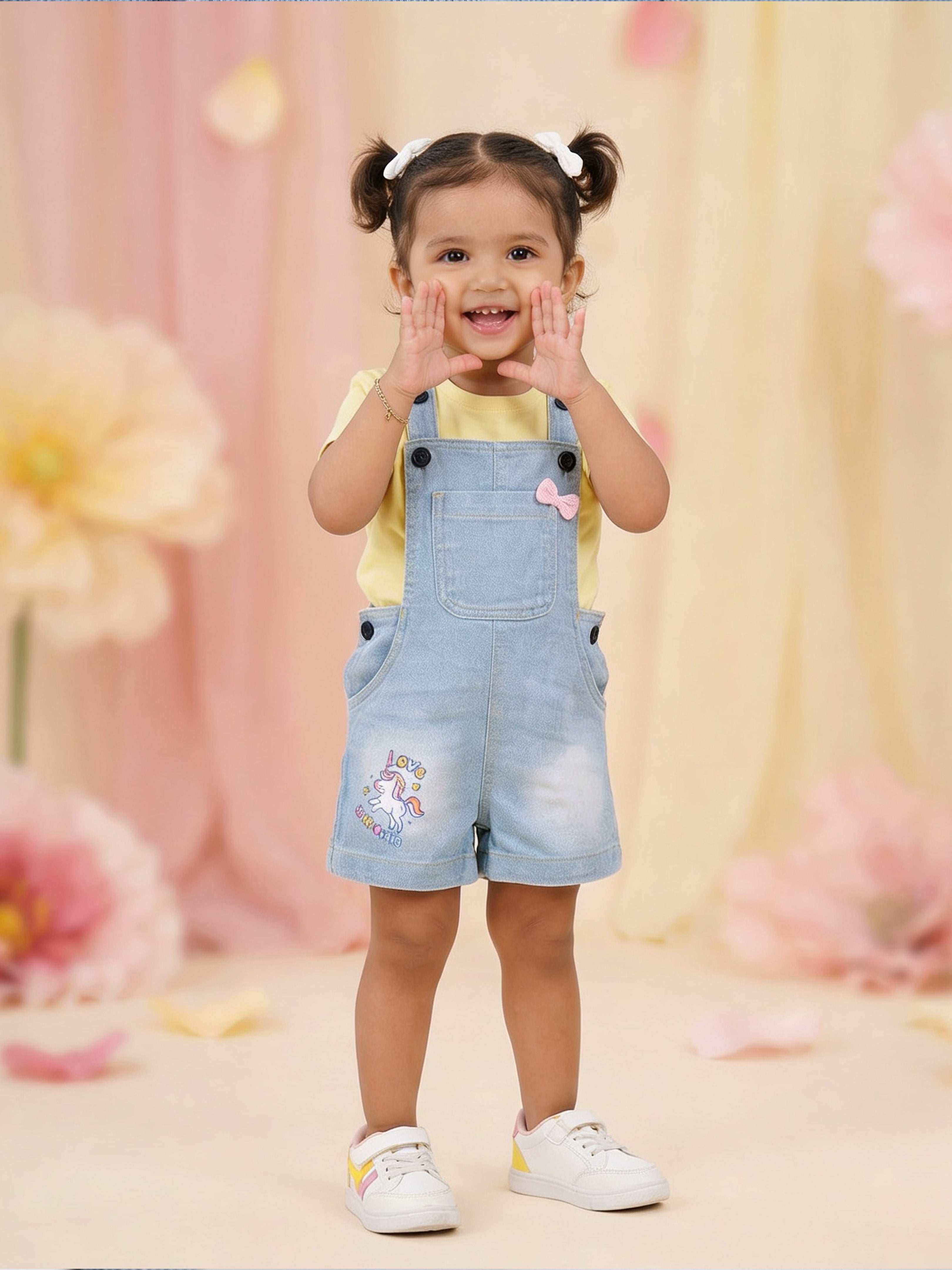 Kiddopanti Girls Denim Woven Applique With Printed Dungaree Shorts
