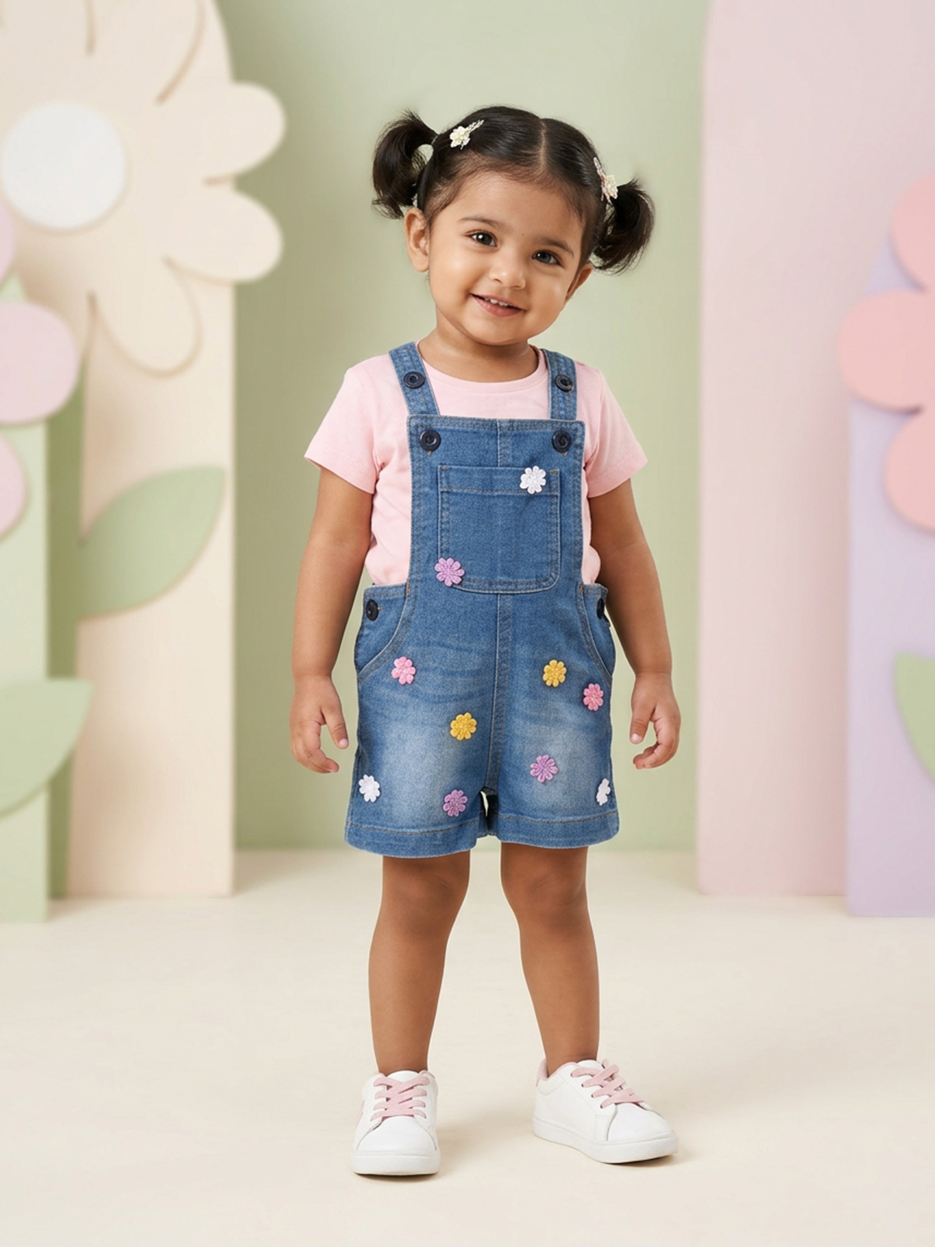 Kiddopanti Girls Denim Woven Applique With Printed Dungaree Shorts