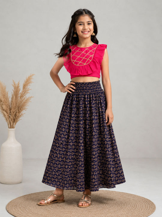 Kiddopanti Girls Rayon Woven Sleeveless Ethnic Ruffle Choli & Floral Printed Lehenga set