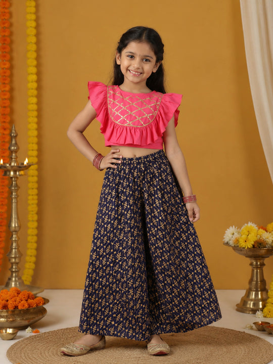 Kiddopanti Girls Rayon Woven Sleeveless Ethnic Ruffle Choli & Floral Printed Lehenga set