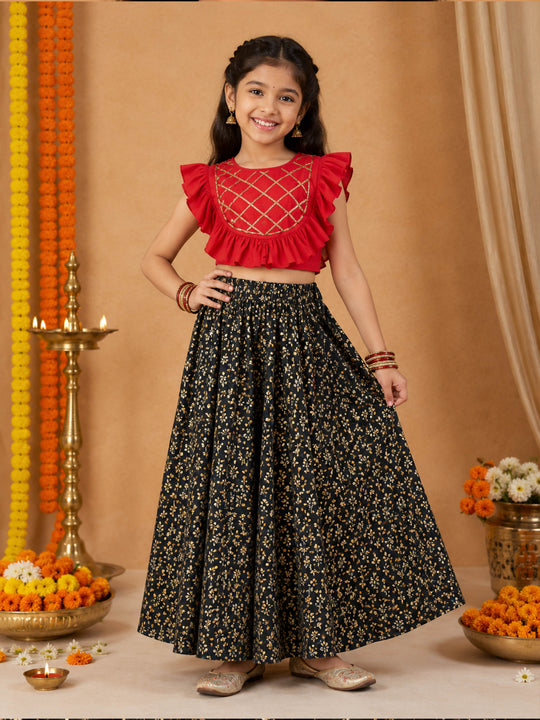 Kiddopanti Girls Rayon Woven Sleeveless Ethnic Ruffle Choli & Floral Printed Lehenga set
