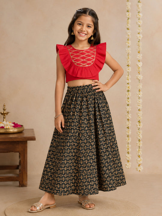 Kiddopanti Girls Rayon Woven Sleeveless Ethnic Ruffle Choli & Floral Printed Lehenga set