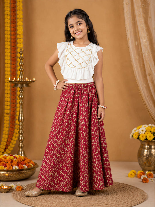 Kiddopanti Girls Rayon Woven Sleeveless Ethnic Ruffle Choli & Floral Printed Lehenga set