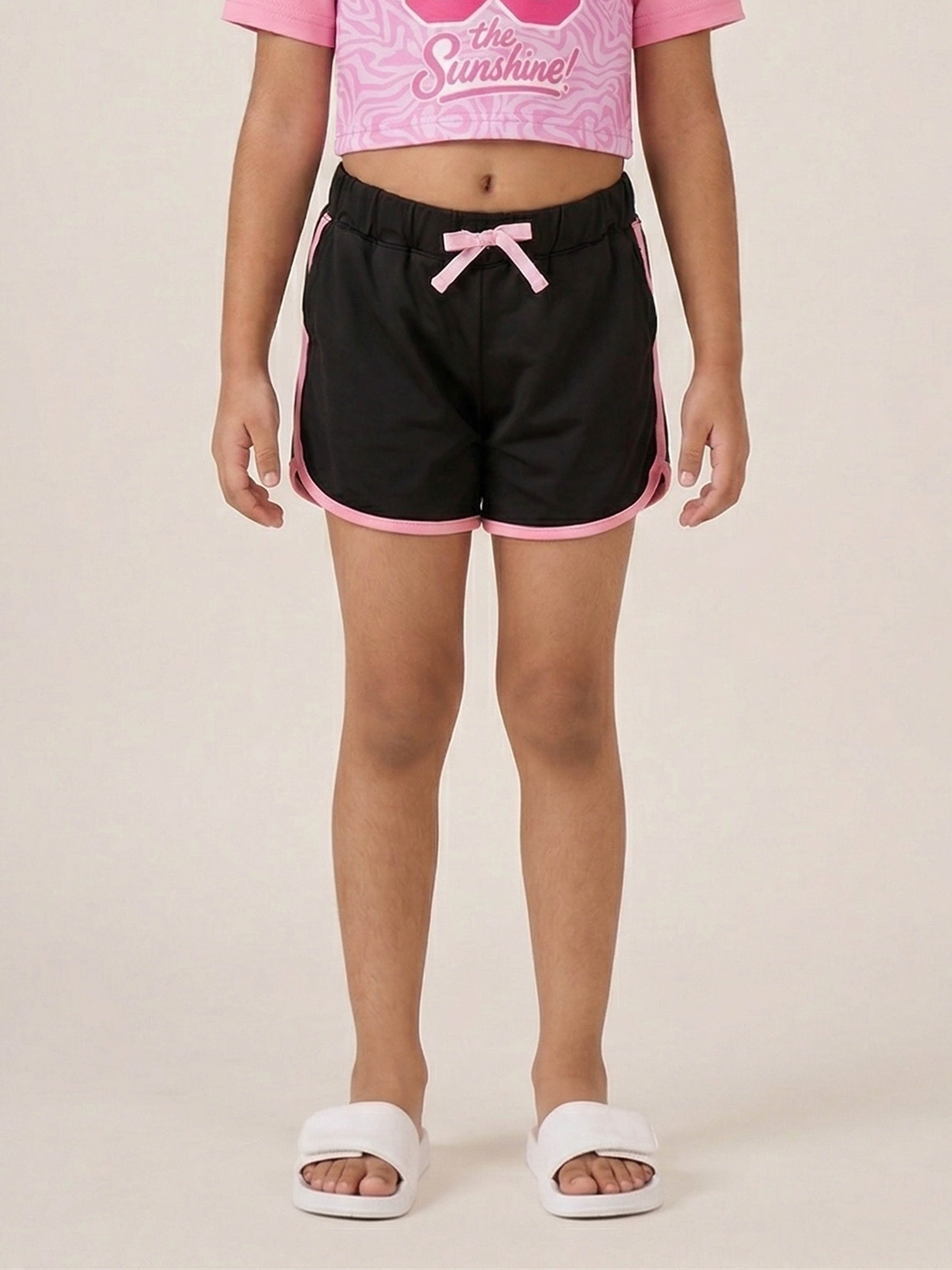Kiddopanti Girls Polyester Spandex Solid Activewear Contrast Trim Shorts