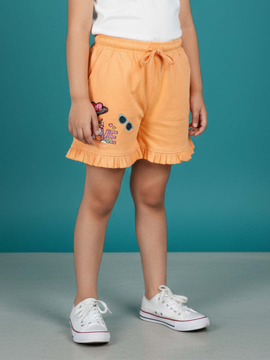 Kiddopanti Girls 100% Cotton Bottom Hem Frill Shorts With Themed Prints and Badges