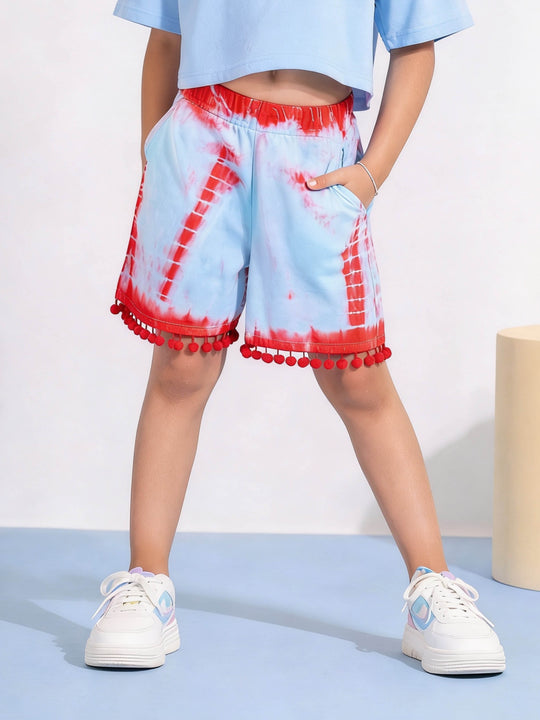 Kiddopanti Girls Rayon Woven Pom Pom Lace Hem Detailed Tie & Dye Printed Shorts