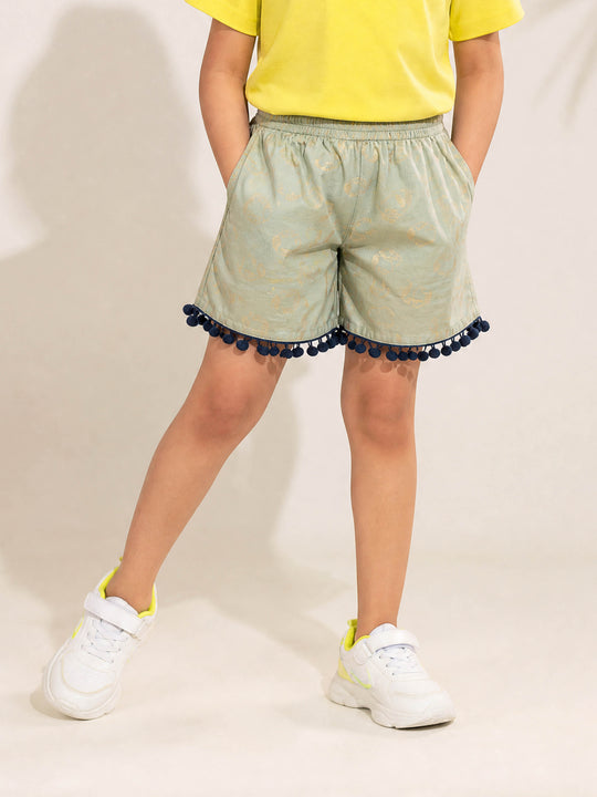 Kiddopanti Girls Rayon Woven Pom Pom Lace Hem Detailed Planet Printed Shorts