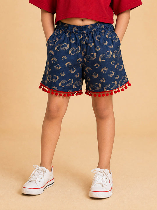 Kiddopanti Girls Rayon Woven Pom Pom Lace Hem Detailed Planet Printed Shorts