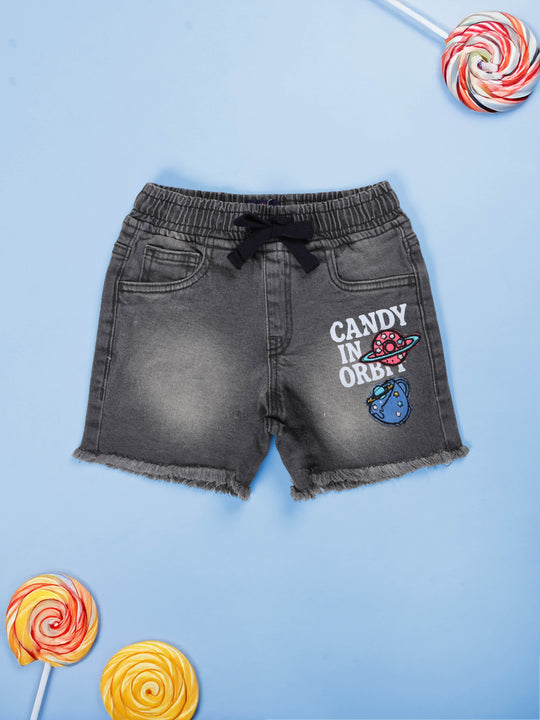 Kiddopanti Girls Mid Thigh Length Denim Hot Shorts With Applique and Prints