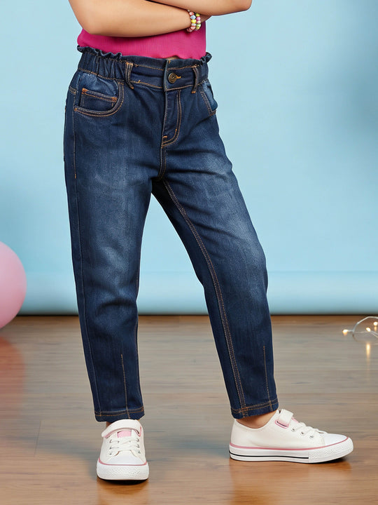 Kiddopanti Girls Denim Solid Paper Bag Jeans Pant