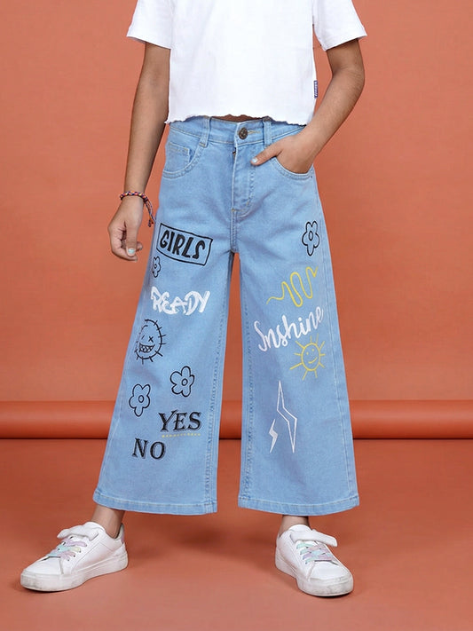 Kiddopanti Girls Denim Woven Printed And Solid Flared Jeans