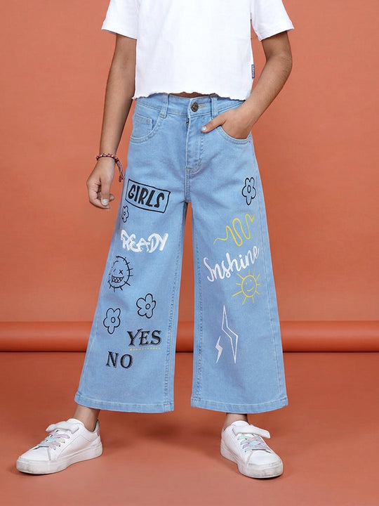 Kiddopanti Girls Denim Woven Printed And Solid Flared Jeans