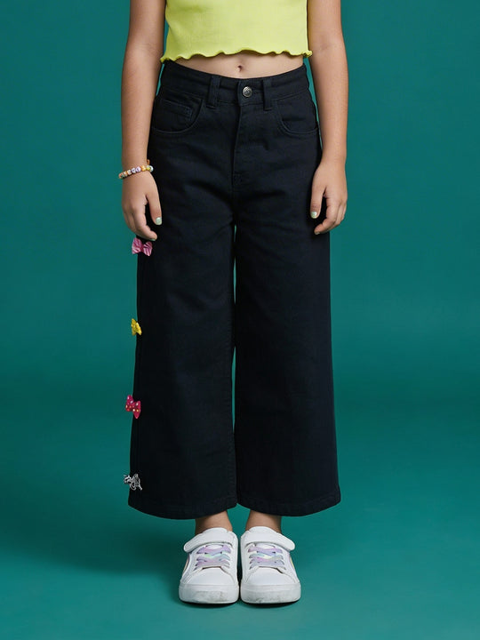 Kiddopanti Girls Denim Woven Solid Flared Jeans With Bow