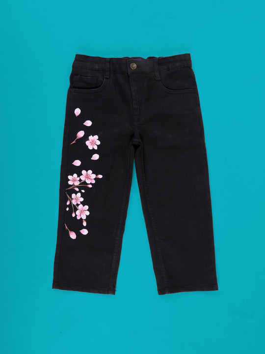 Kiddopanti Denim Woven Flower Printed Rhinestones Detailed Straight Fit Jeans With Elasticated Waistband