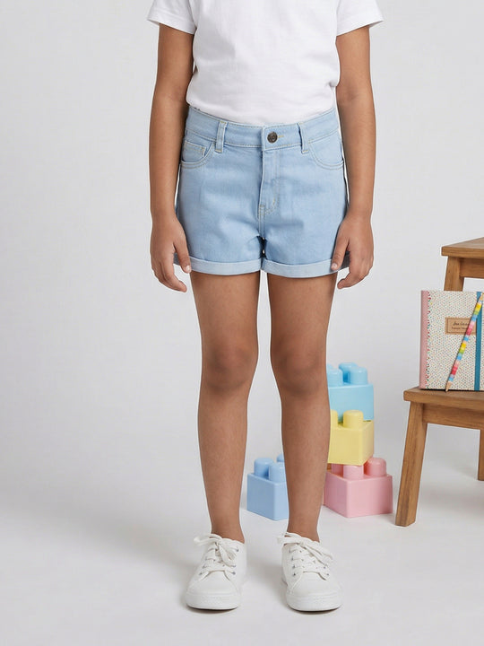 Kiddopanti Girls Denim Solid Rollup Shorts