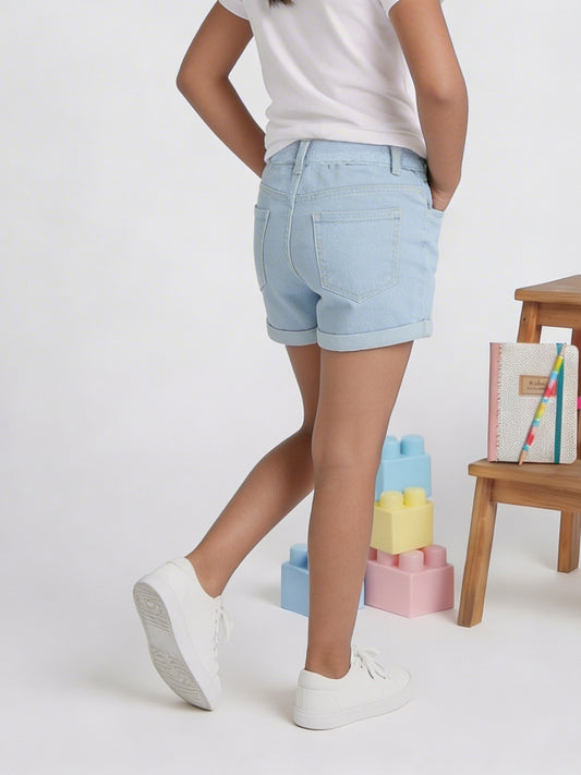 Kiddopanti Girls Denim Solid Rollup Shorts