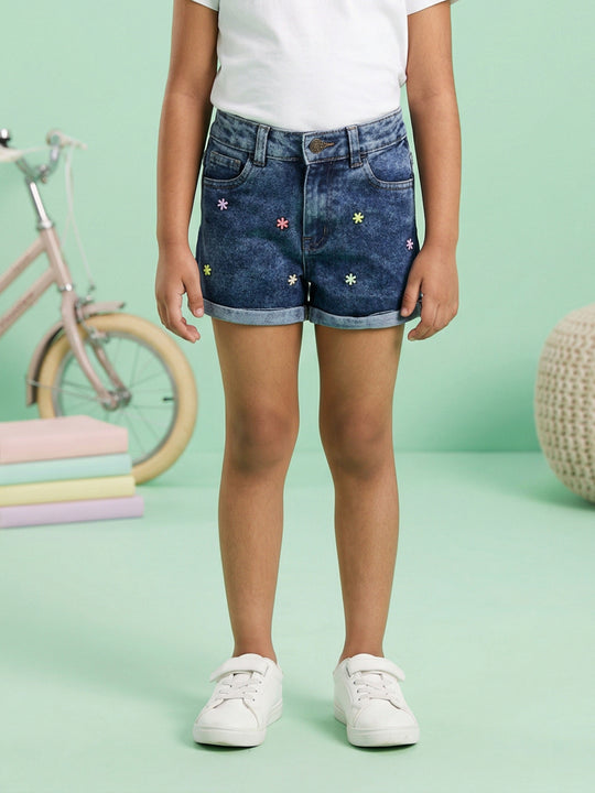 Kiddopanti Girls Above Knee Length Denim Roll-Up Shorts With Flower Beads