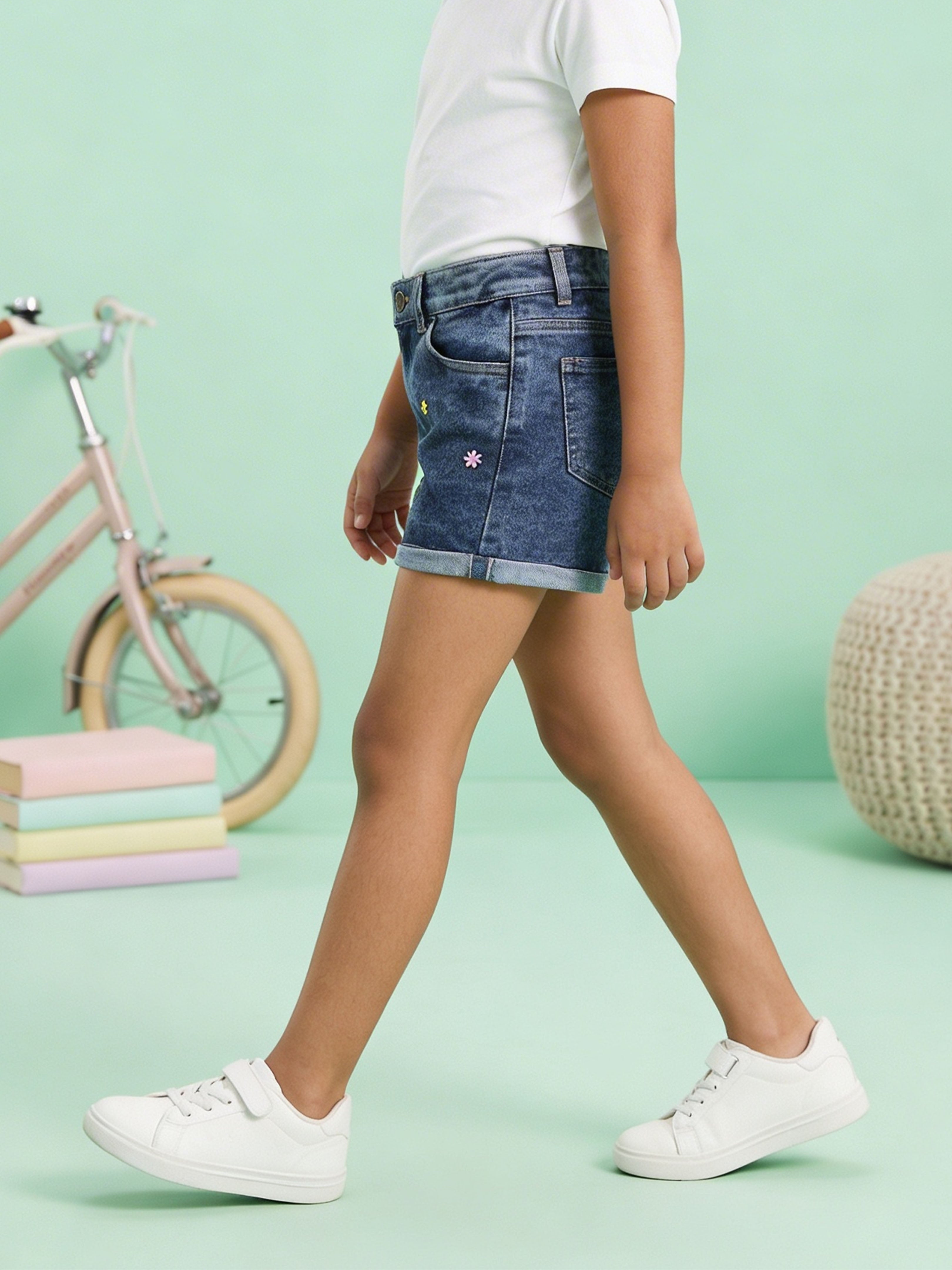 Kiddopanti Girls Above Knee Length Denim Roll-Up Shorts With Flower Beads