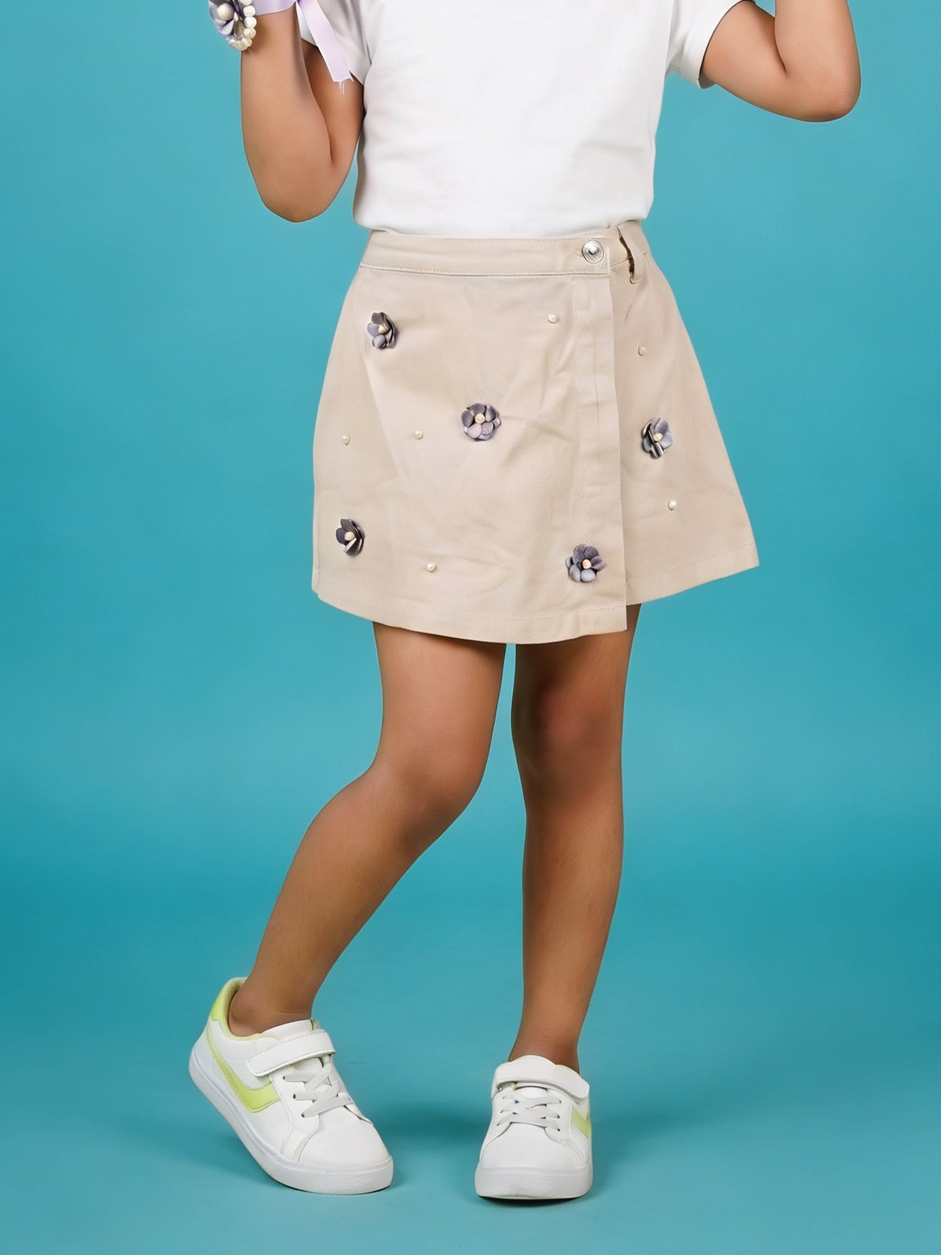 Kiddopanti Girls 100% Cotton Floral Applique Overlap Skort