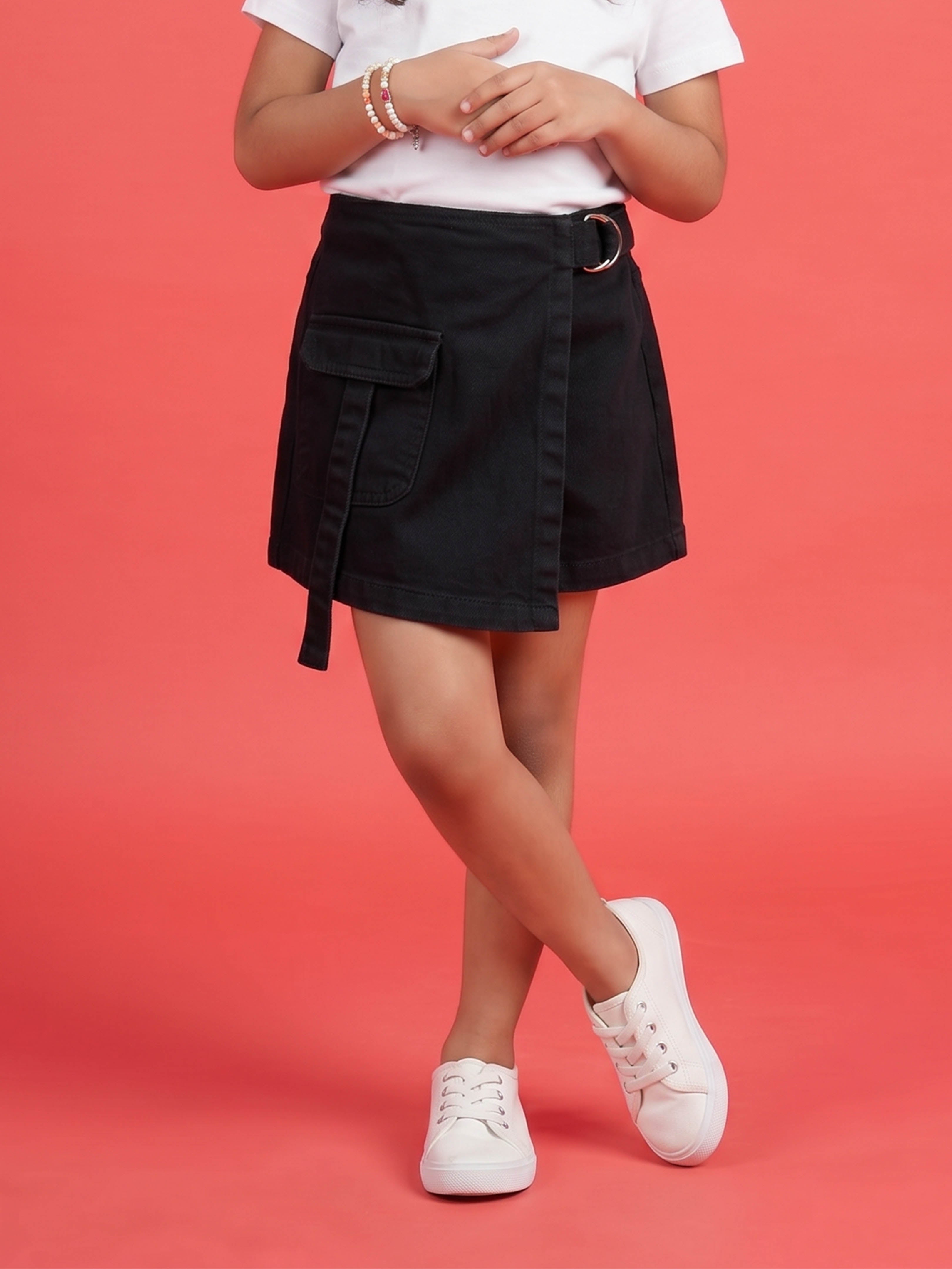 Kiddopanti Girls Denim Solid Over Lap Skort With Front Pocket
