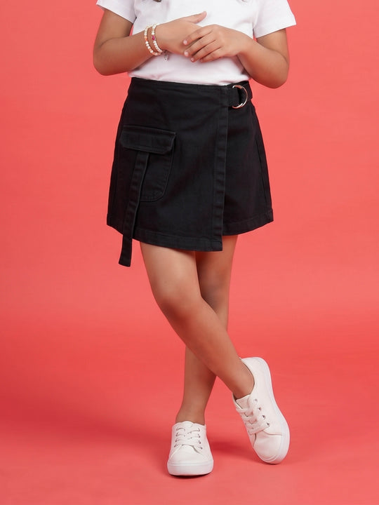 Kiddopanti Girls Denim Solid Over Lap Skort With Front Pocket