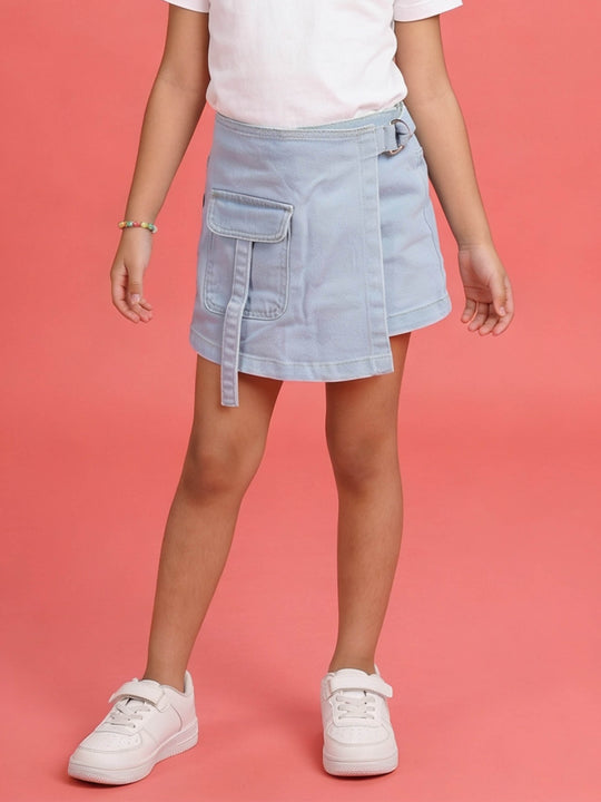 Kiddopanti Girls Denim Solid Over Lap Skort With Front Pocket