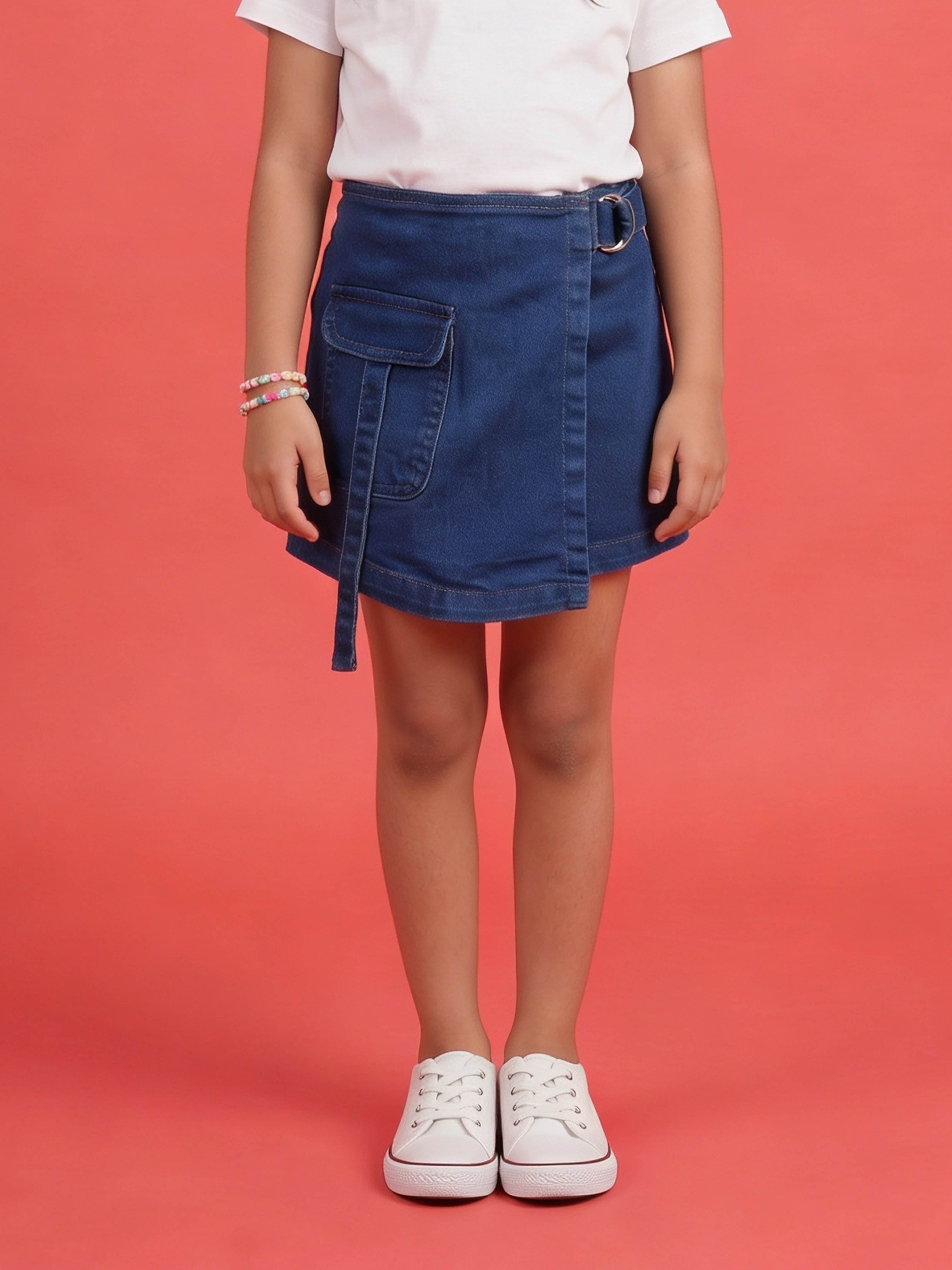 Kiddopanti Girls Denim Solid Over Lap Skort With Front Pocket