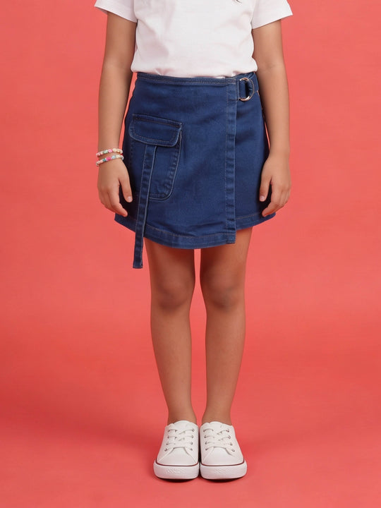 Kiddopanti Girls Denim Solid Over Lap Skort With Front Pocket