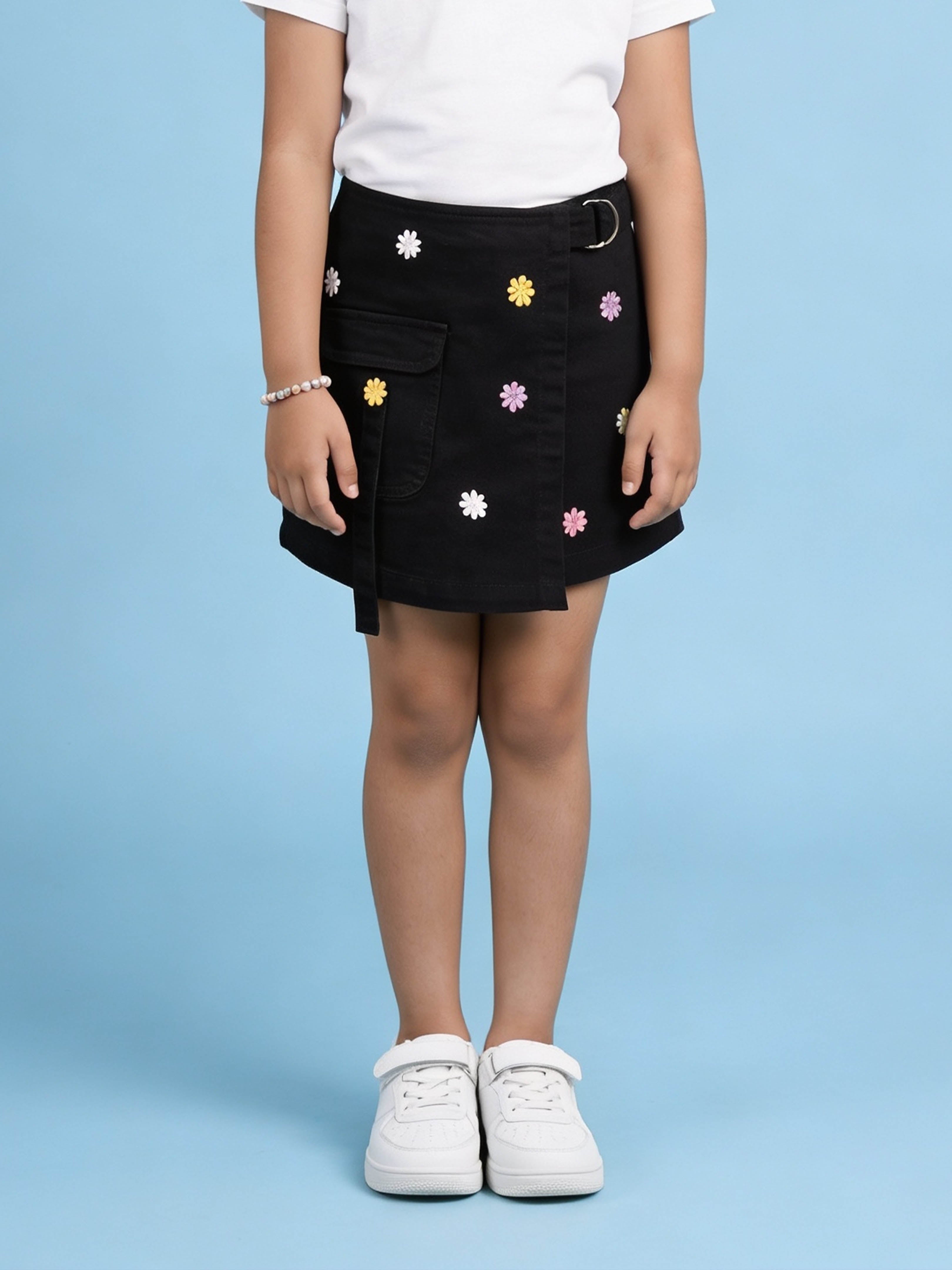 Kiddopanti Girls Denim Overlap Skort with Floral Applique & Front Pocket