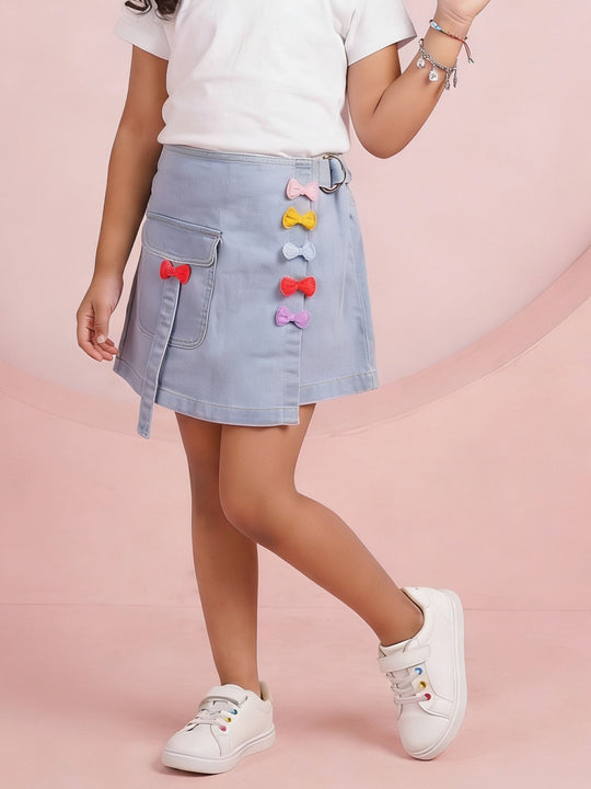 Kiddopanti Girls Denim Overlap Skort with Floral Applique & Front Pocket
