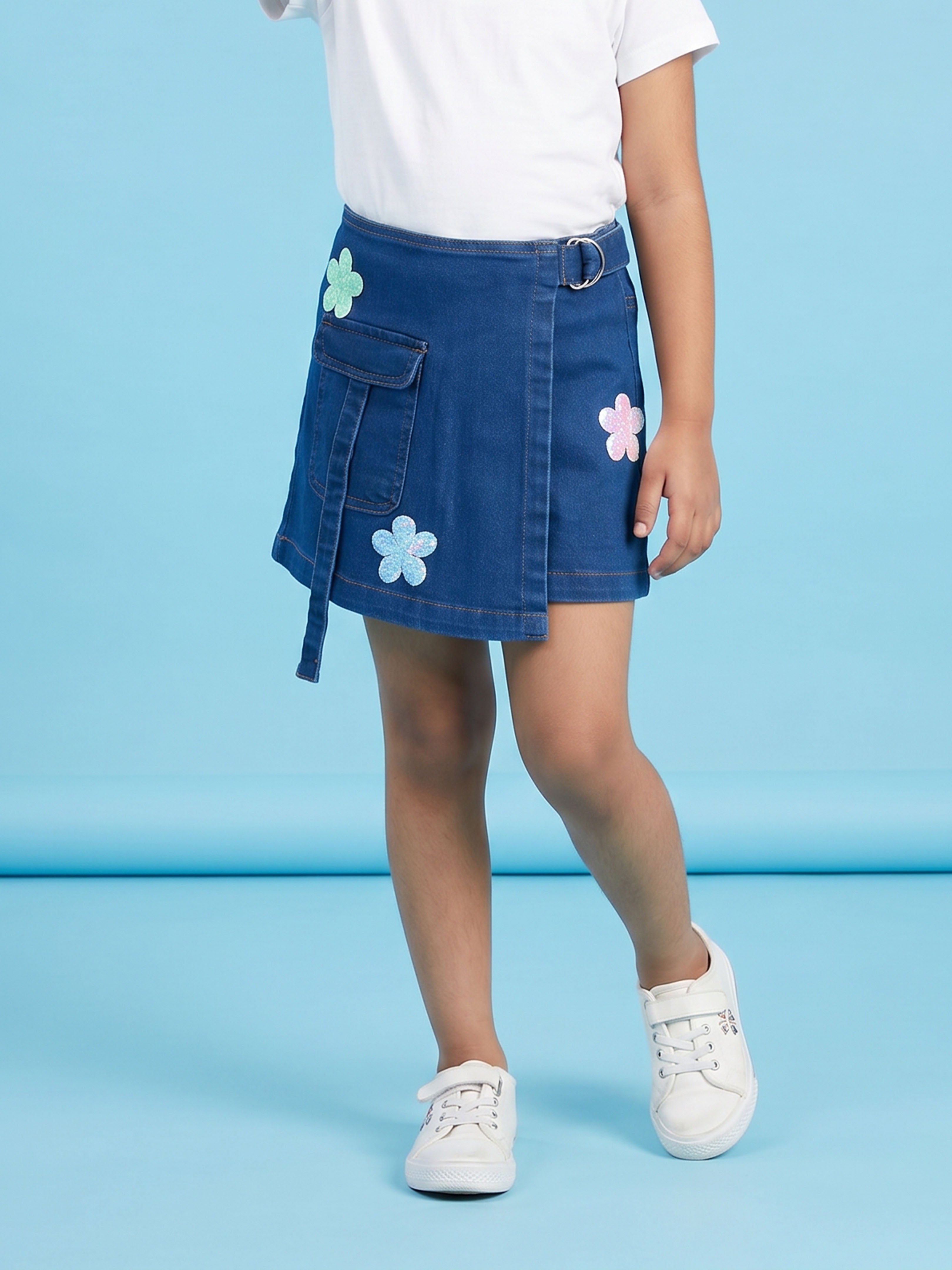 Kiddopanti Girls Denim Overlap Skort with Floral Applique & Front Pocket