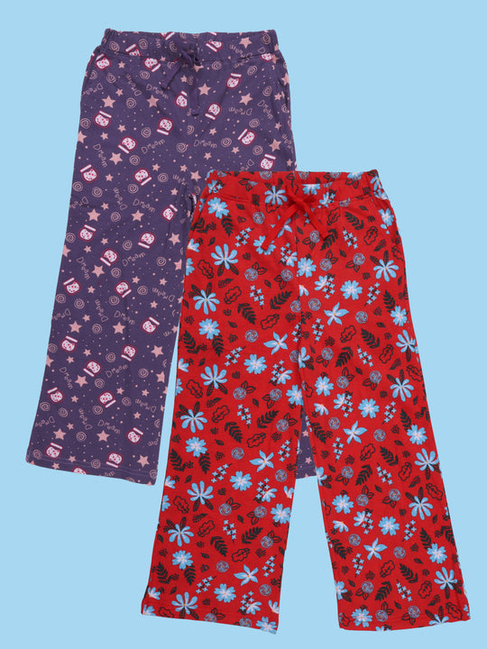 Kiddopanti Girls Cotton Floral Printed Pyjamas Pack  of 2