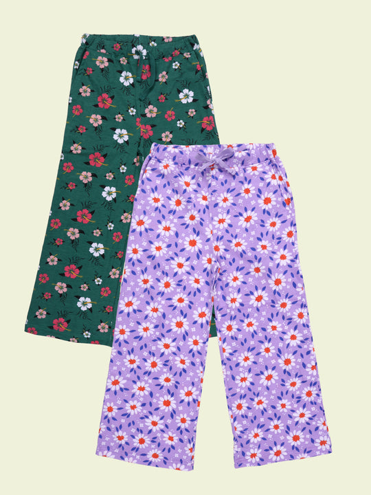 Kiddopanti Girls Cotton Floral Printed Pyjamas Pack  of 2