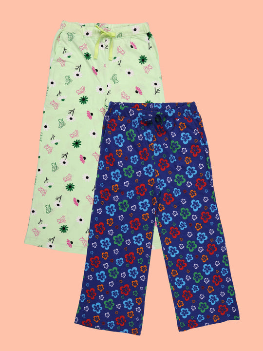 Kiddopanti Girls Cotton Floral Printed Pyjamas Pack  of 2