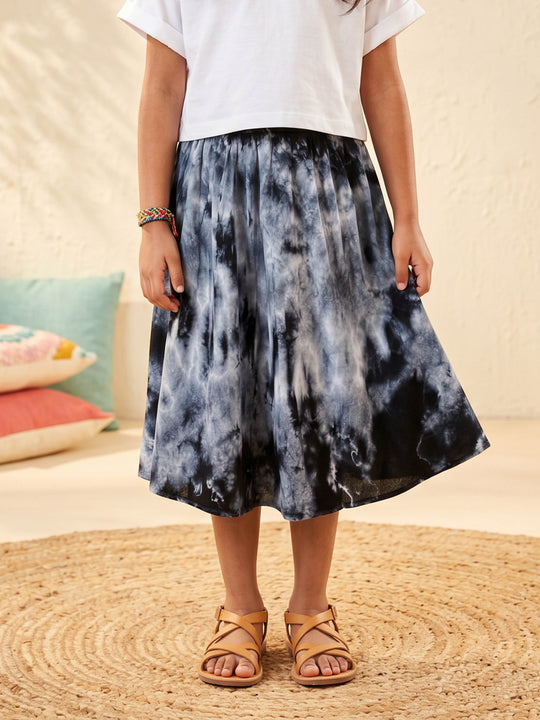 Kiddopanti Girls Rayon Woven Tie & Dye Flared Skirt