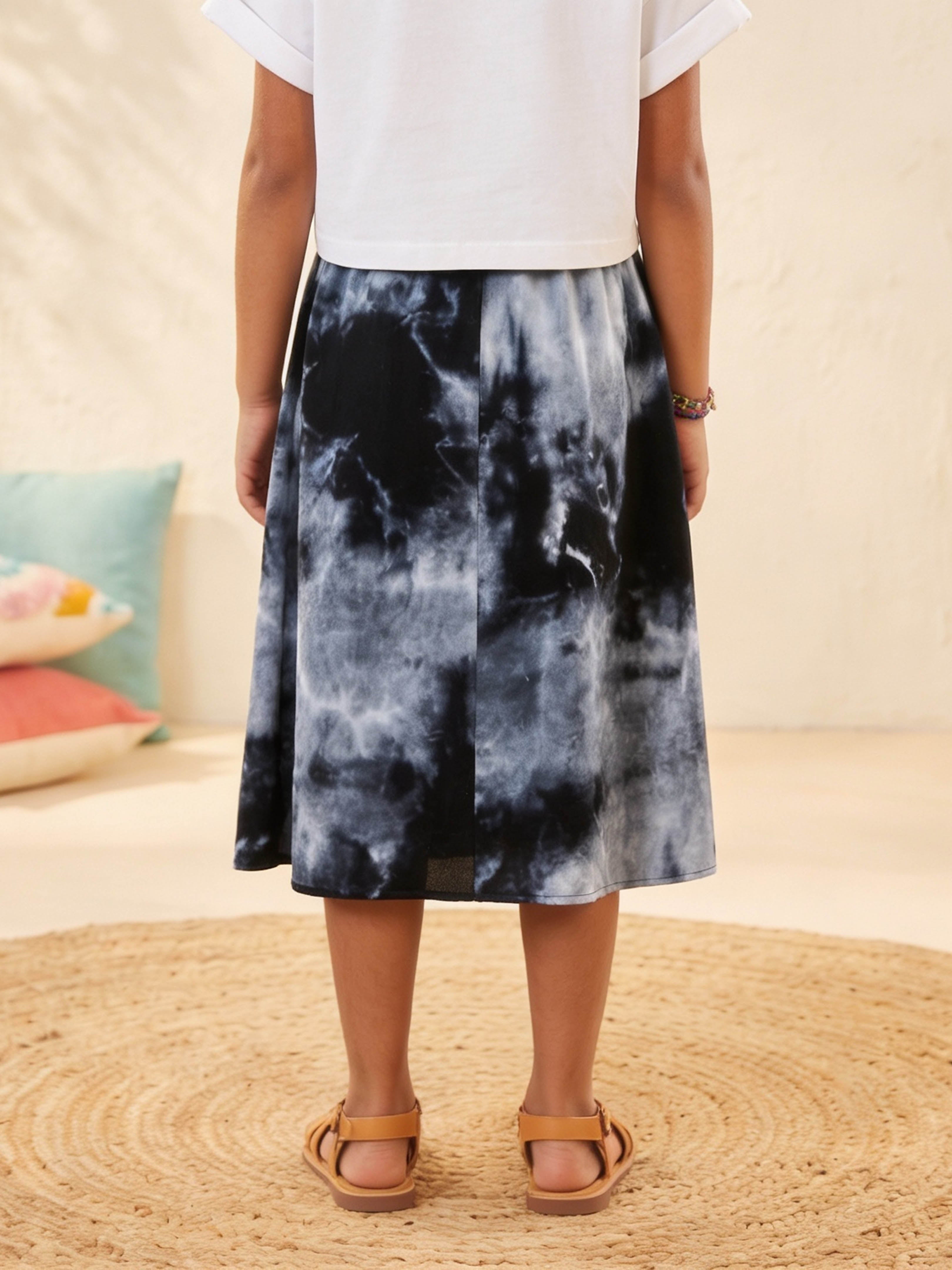 Kiddopanti Girls Rayon Woven Tie & Dye Flared Skirt