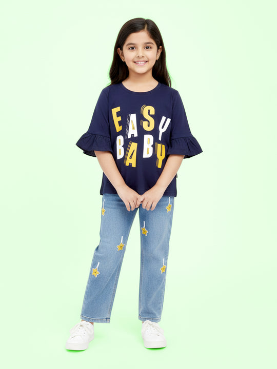 Kiddopanti Girls Cotton Frill Easy Baby Printed Top & Straight Fit Jeans With Yellow Stars Co Ord Set