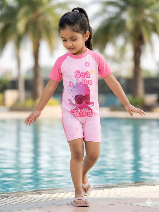 Kiddopanti Girls Polyester Spandex Raglan Sleeves Printed Swimwear Swimsuit
