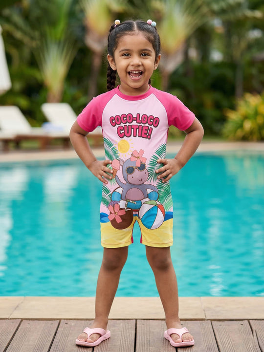 Kiddopanti Girls Polyester Spandex Raglan Sleeves Printed Swimwear Swimsuit