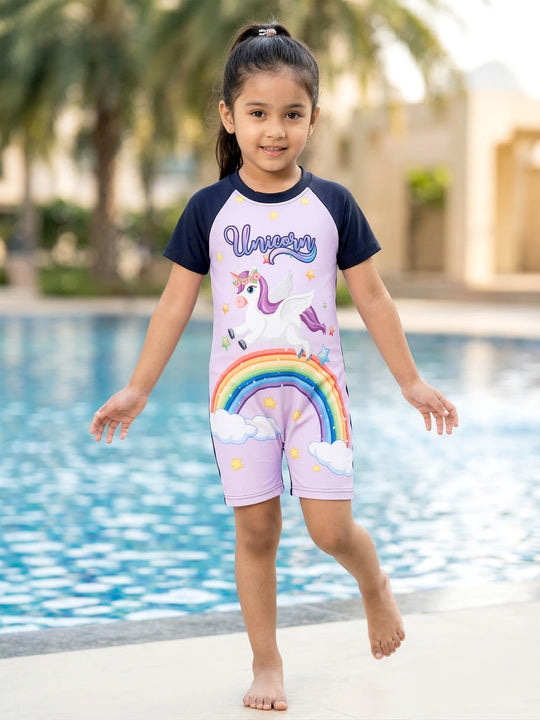Kiddopanti Girls Polyester Spandex Raglan Sleeves Printed Swimwear Swimsuit