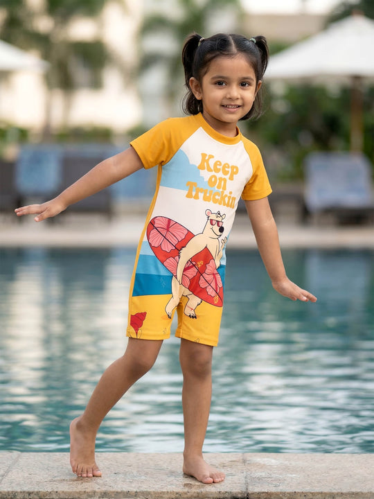 Kiddopanti Girls Polyester Spandex Raglan Sleeves Printed Swimwear Swimsuit
