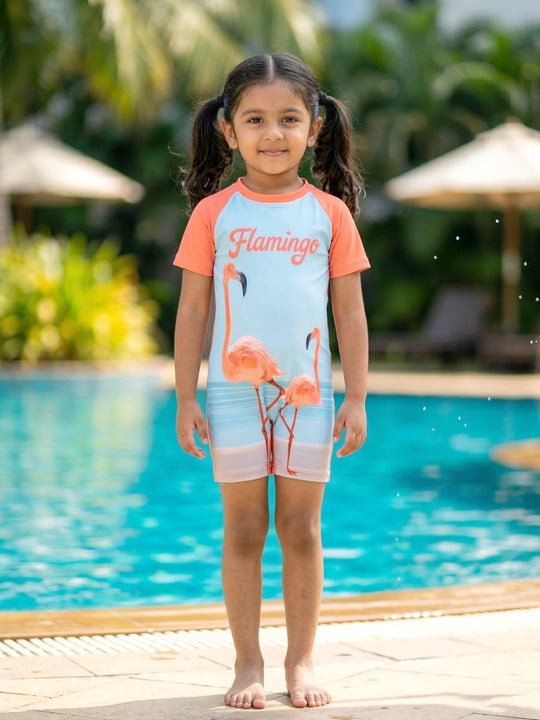 Kiddopanti Girls Polyester Spandex Raglan Sleeves Printed Swimwear Swimsuit