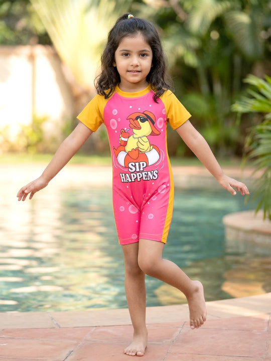 Kiddopanti Girls Polyester Spandex Raglan Sleeves Printed Swimwear Swimsuit