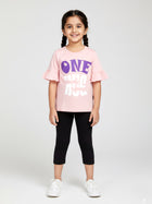 Kiddopanti Girls Cotton Frill Printed Top & Solid Capri Legging Co Ord Set