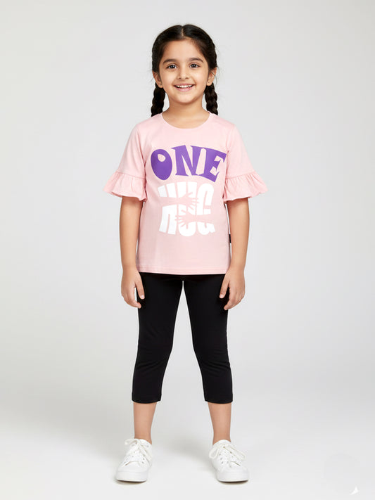 Kiddopanti Girls Cotton Frill Printed Top & Solid Capri Legging Co Ord Set