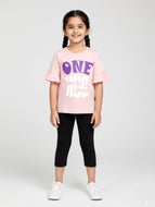 Kiddopanti Girls Cotton Frill Printed Top & Solid Capri Legging Co Ord Set - Baby Pink & Black / 3-4Y