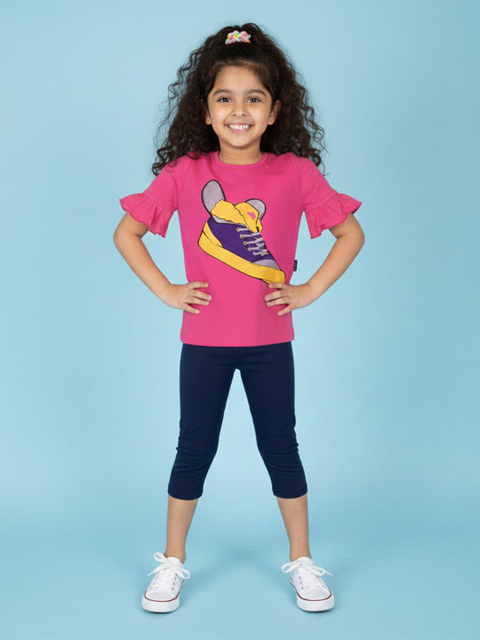 Kiddopanti Girls "Wing Shoes" Print Frill half Sleeve Tee & Solid Capri Legging Set
