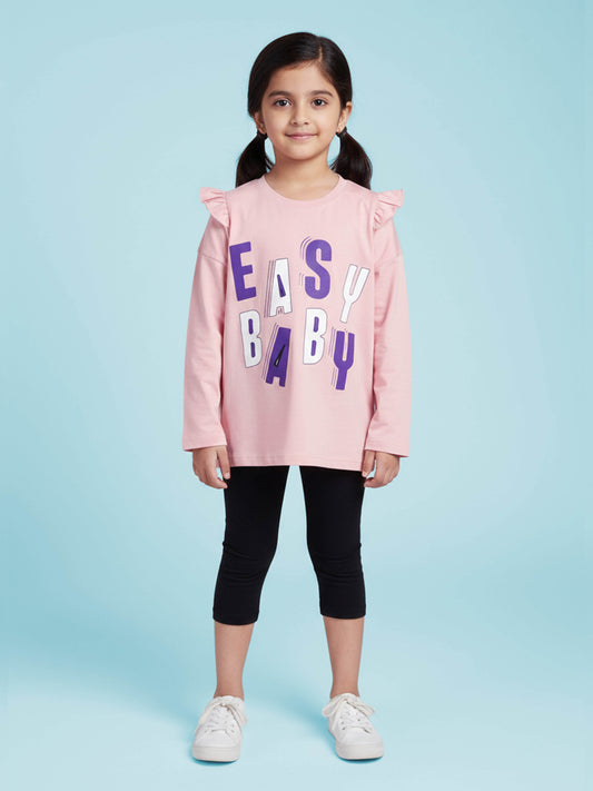 Kiddopanti Girls Cotton Printed Top & Solid Capri Legging Co Ord Set