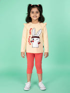 Kiddopanti Girls Cotton Printed Top & Solid Capri Legging Co Ord Set